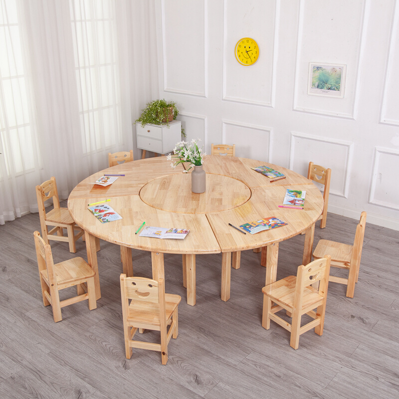 幼儿园加厚实木桌椅儿童实木扇形桌美术桌圆形木桌宝宝画画学习桌