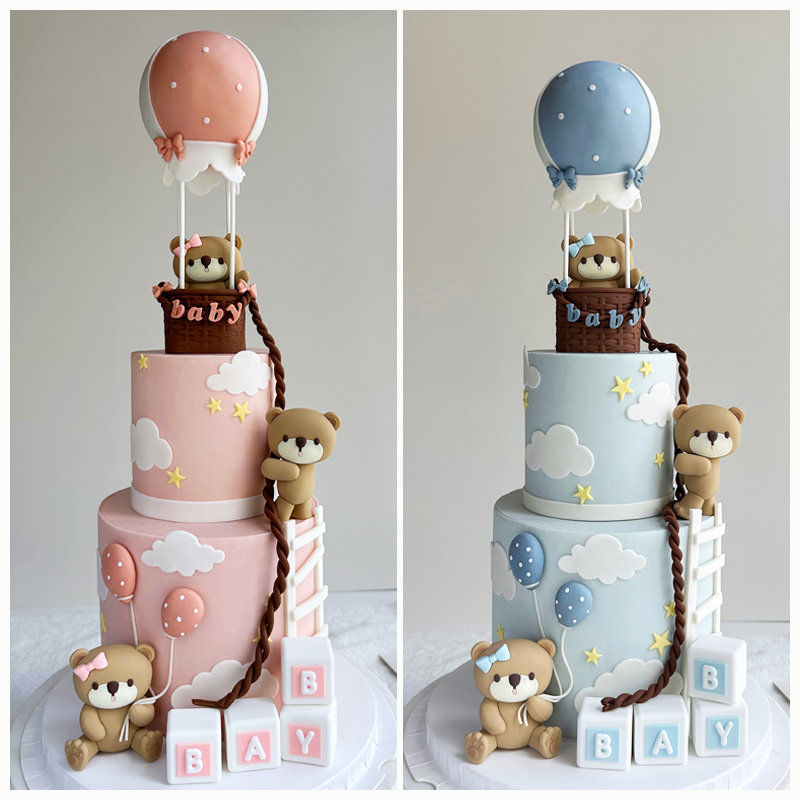 生日蛋糕装饰气球小熊摆件粉蓝气球男孩女孩周岁甜品台插牌插件
