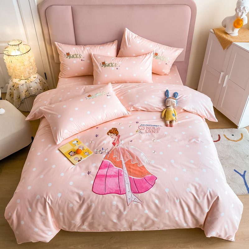 儿童床品四件套女孩纯棉粉色公主风卡通女童被套床单床笠定制1.2