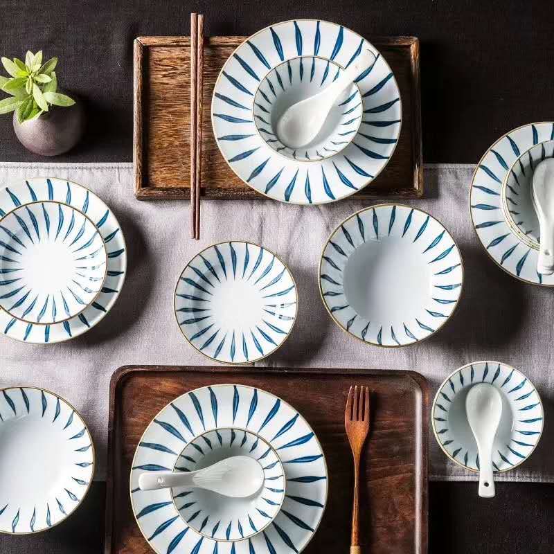 唐线草兰草日式骨瓷餐具家用手绘陶瓷碗西餐盘子吃饭碗菜盘汤面碗