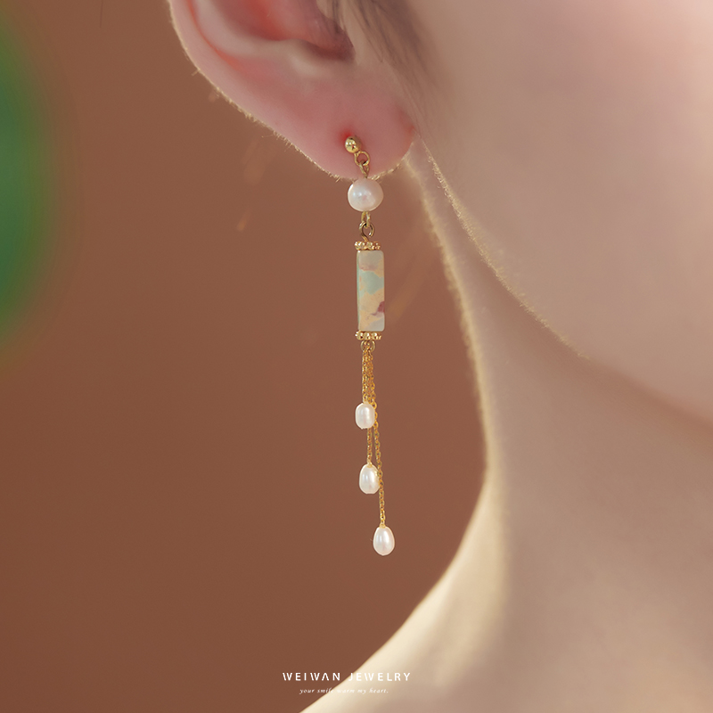 『春不渡』为晚寿山石天然淡水珍珠流苏耳环女士纯银长款耳饰礼物