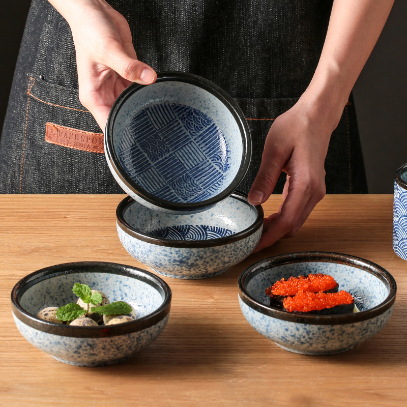 日式米饭碗餐具套装家用汤碗防烫陶瓷碗筷套装5寸海波纹饭碗