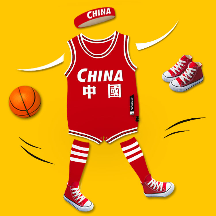婴儿连体衣夏装宝宝无袖背心短爬男女篮球服新生儿中国三角爬服
