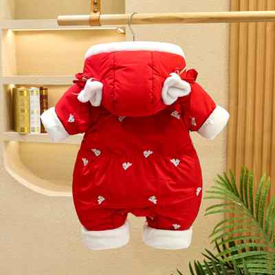 周岁女宝宝冬季加绒加厚红色外出拜年服百天婴儿冬装保暖连体棉衣