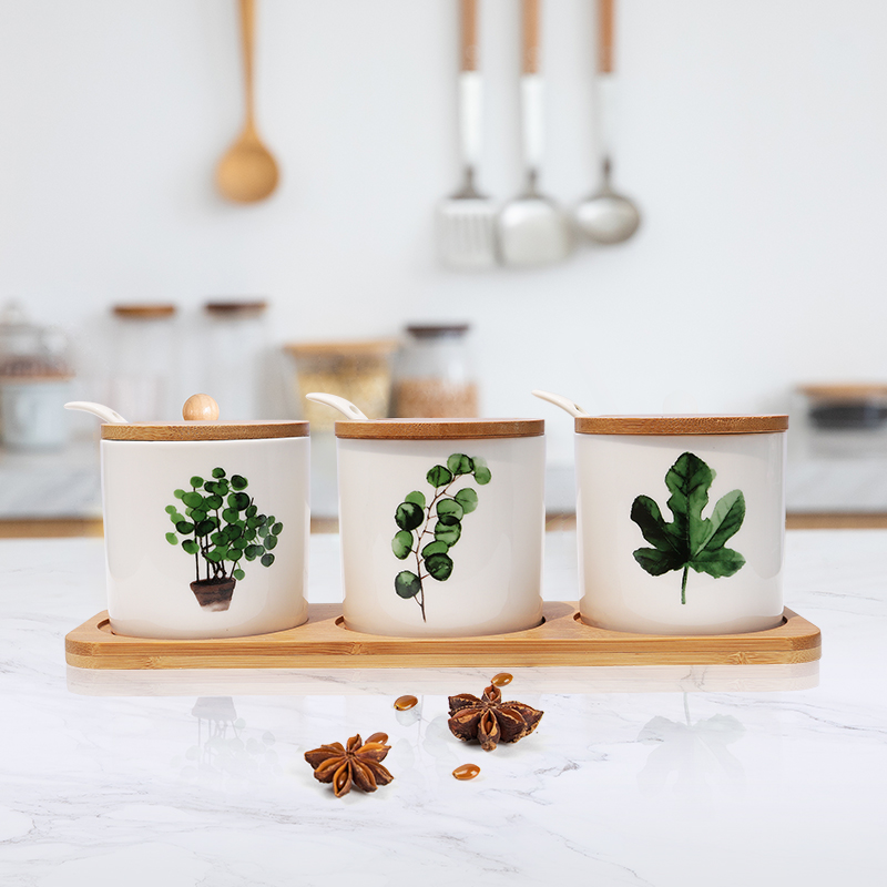 北欧绿植家用厨房用品防尘耐腐蚀木制底托精品陶瓷调味罐三件套装