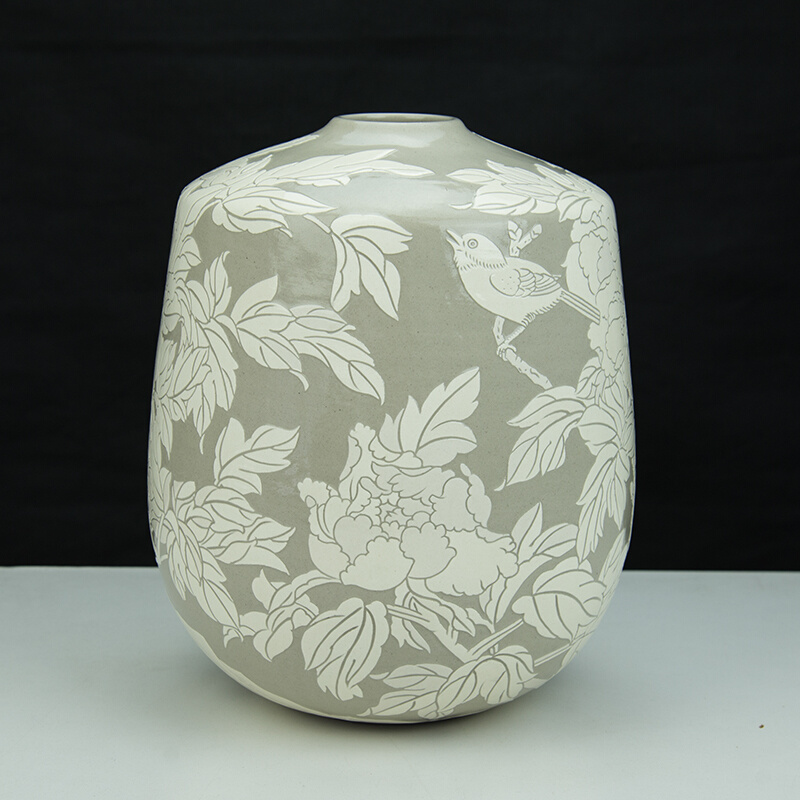 大家陶艺安氏磁州窑瓷器现代白色刻花中式花瓶摆件新中式家居装饰