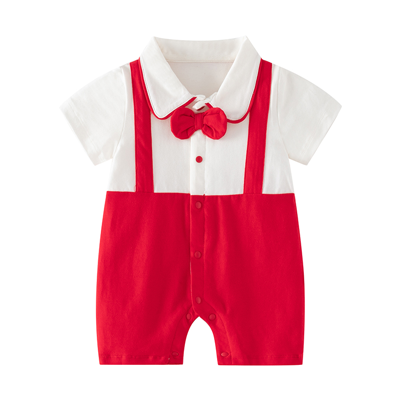 周岁礼服男宝宝一岁抓周大红色喜庆连体衣服夏季薄百天婴儿百岁宴