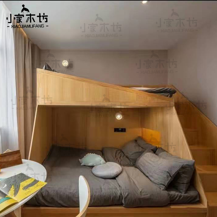 定制双层树屋床原木色上下子母床创意木屋床多功能梯柜组合高低床