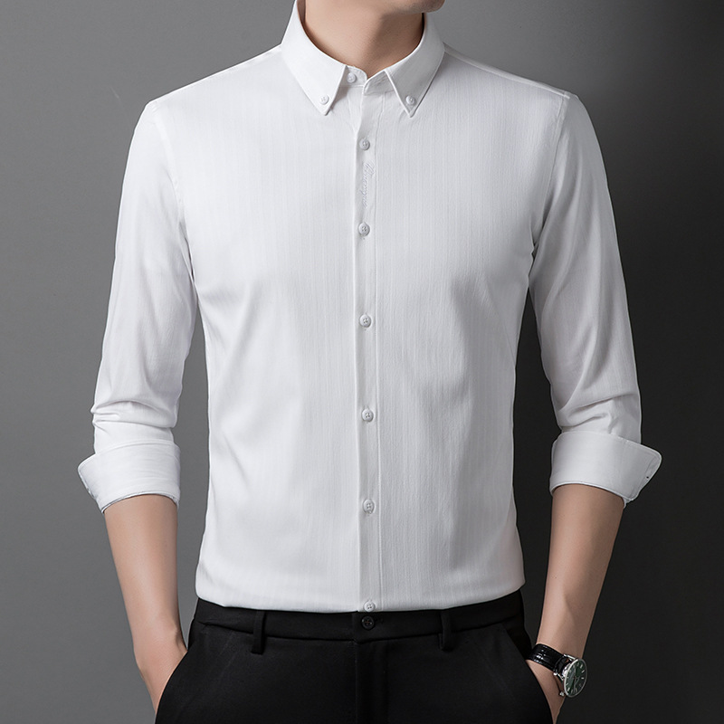 纯白色长袖衬衫职业装修身方领2024年春季四季通用长袖男装衬衫