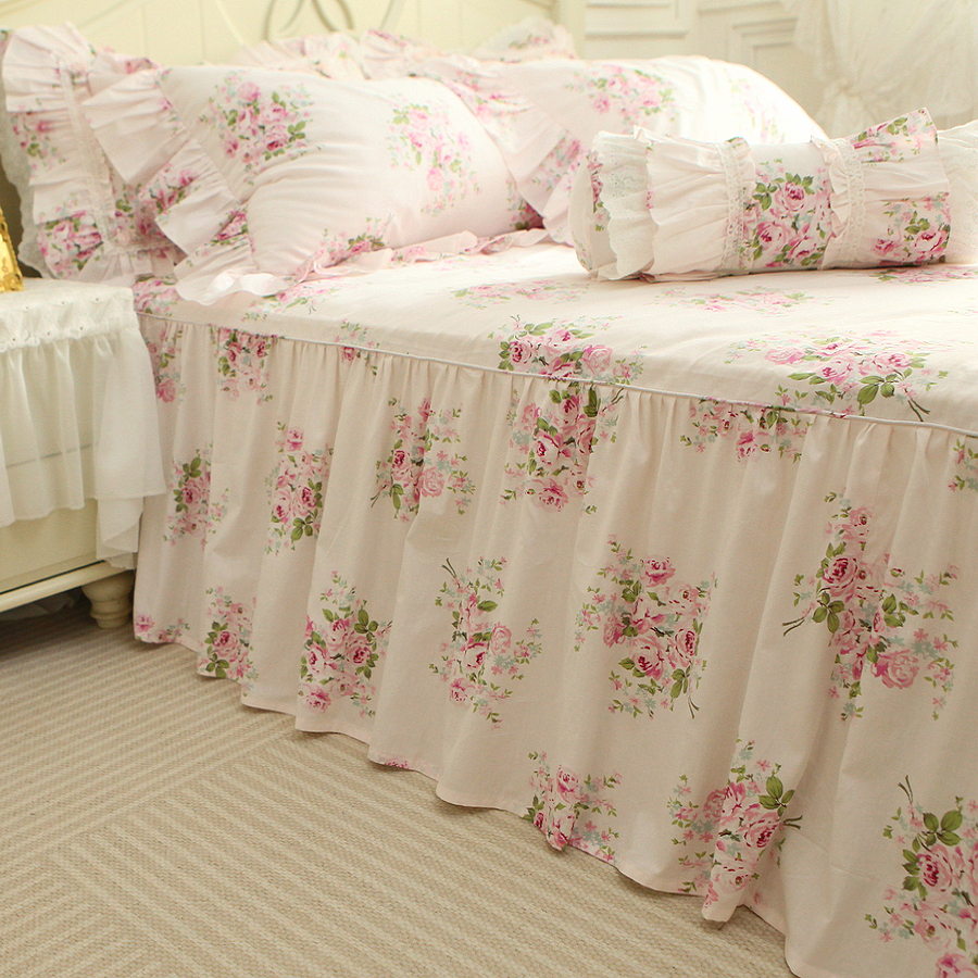 法式韩式小碎花清新公主风纯色全棉纯棉单双人单件床裙 床单 床罩