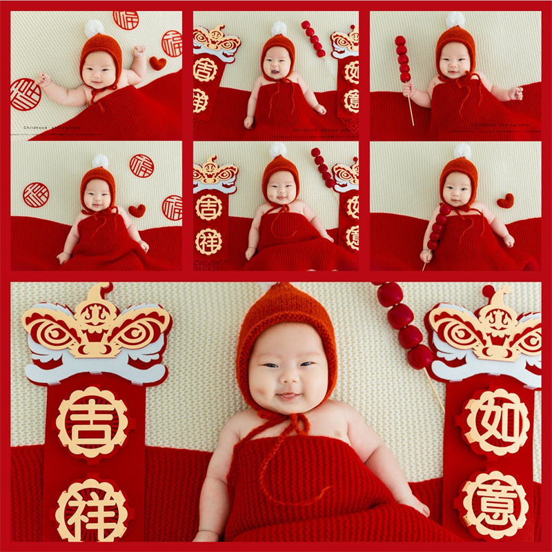 新生儿摄影道具新年红色裹布儿童婴儿宝宝拍摄衣服满月百天拍照套