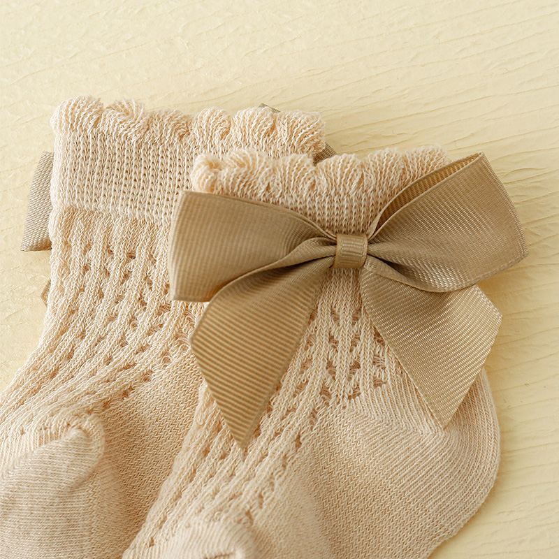 儿童袜子夏季薄款女宝宝纯色蝴蝶结网眼袜0—6月新生儿短袜婴儿袜