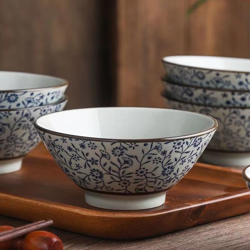 日式复古陶瓷饭碗家用釉下彩创意个性5英寸斗笠饭碗面碗高脚防烫