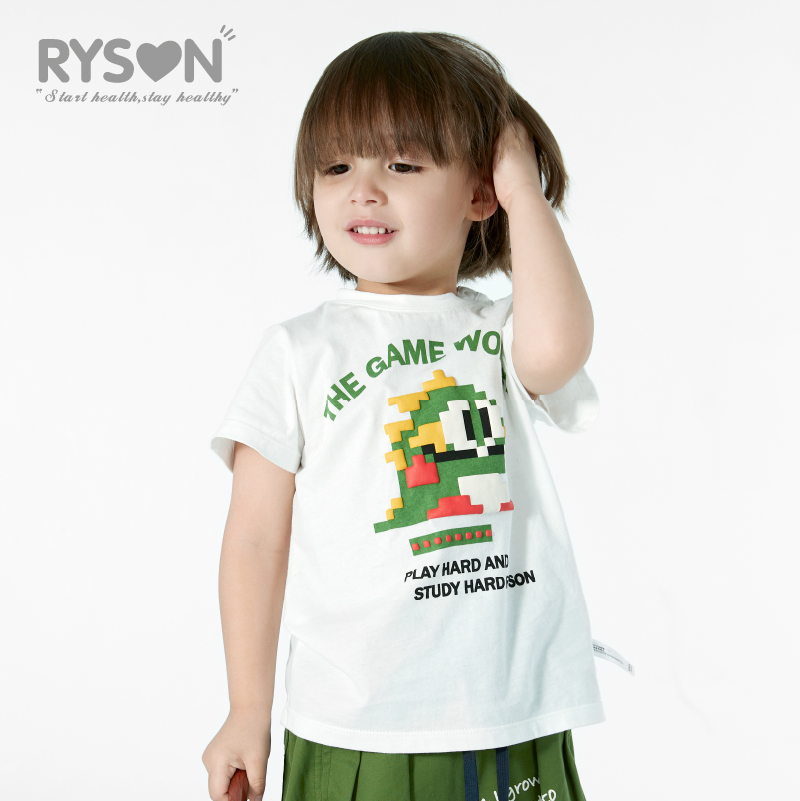 RYSON潮童装夏季新上衣男女童本白色马赛克恐龙圆领短袖T恤