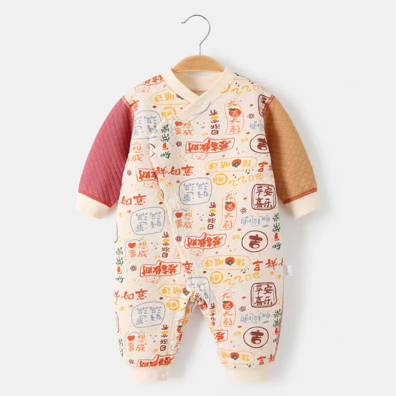 网红新生婴儿衣服过年初生儿满月服喜庆拜年服保暖睡衣宝宝连体衣