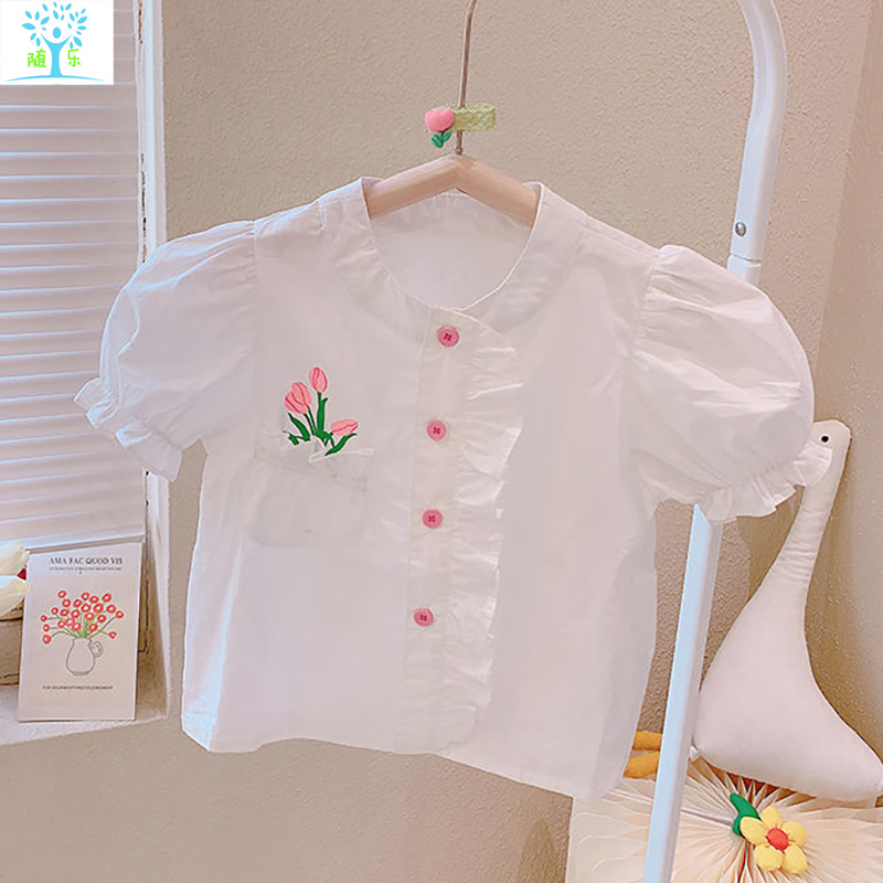 女童夏季短袖衬衫棉婴儿童小宝宝上衣洋气2024公主薄白衬衣娃娃衫