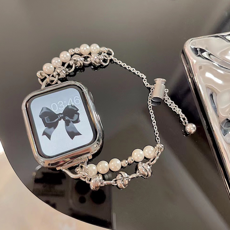适用苹果iwatch8手表S8表带applewatch珍珠小香风链条SE金属Ultra新款夏天创意9代轻奢高级钢带小众女45/41mm