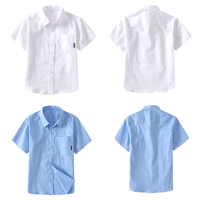 儿童短袖白色衬衫男童夏薄短袖白衬衣表演服中小学生蓝色纯棉校服