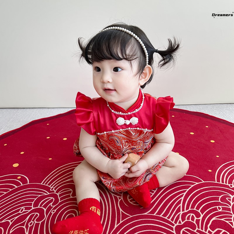 网红。周岁女宝礼服中式百天宝宝衣服夏季婴儿抓周礼服周岁宴红色