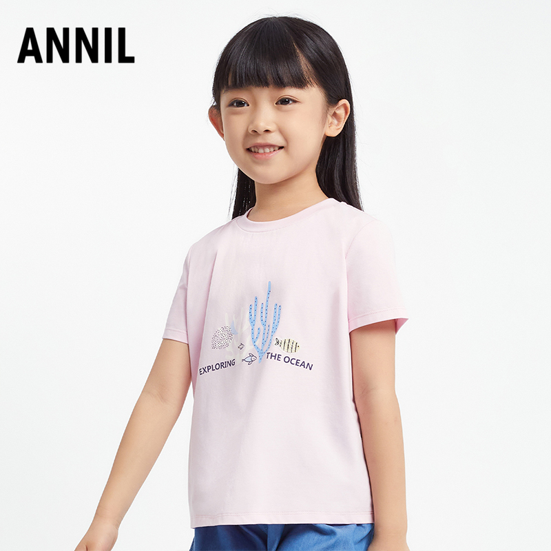 ANNIL安奈儿童装夏季女童圆领短袖T恤女孩简约时尚上衣