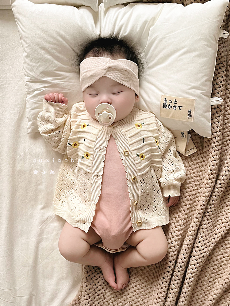 婴儿开衫女宝宝洋气针织衫婴幼儿空调衫春夏季薄款镂空防晒小外套