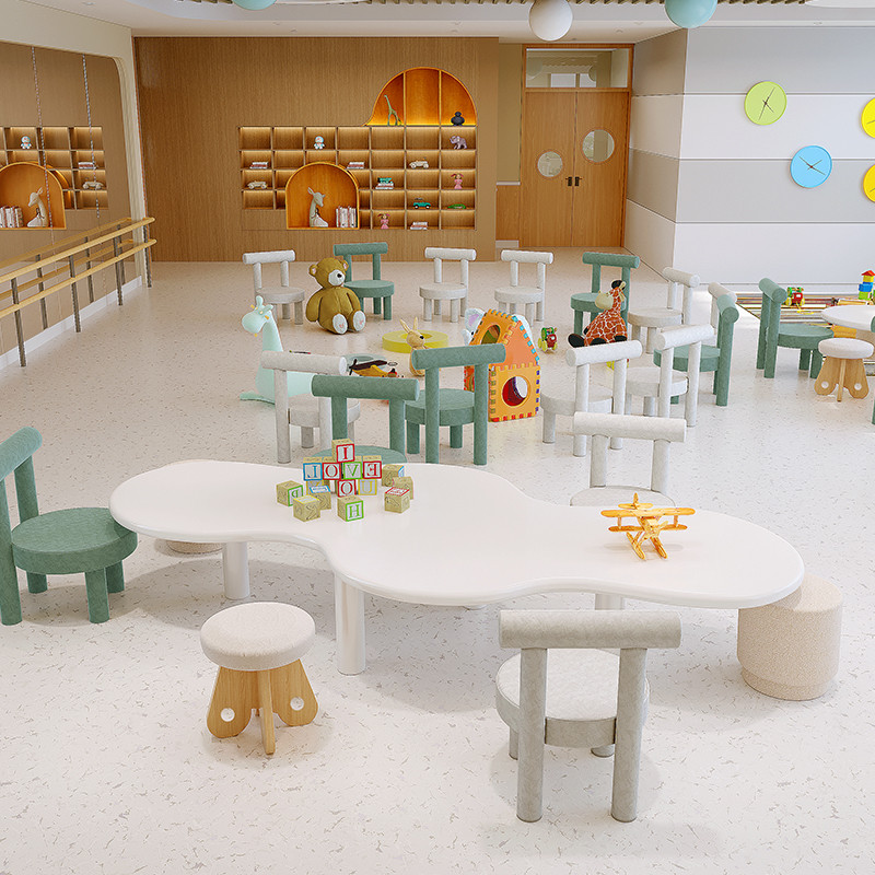 儿童早教培训机构幼儿园异形桌椅套装绘空层创意实木手工桌凳订制