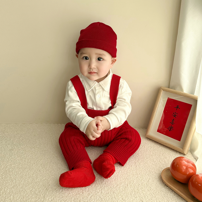 秋冬春季男婴儿宝宝喜庆红色毛衣背带裤套装抓周新年服生日礼服