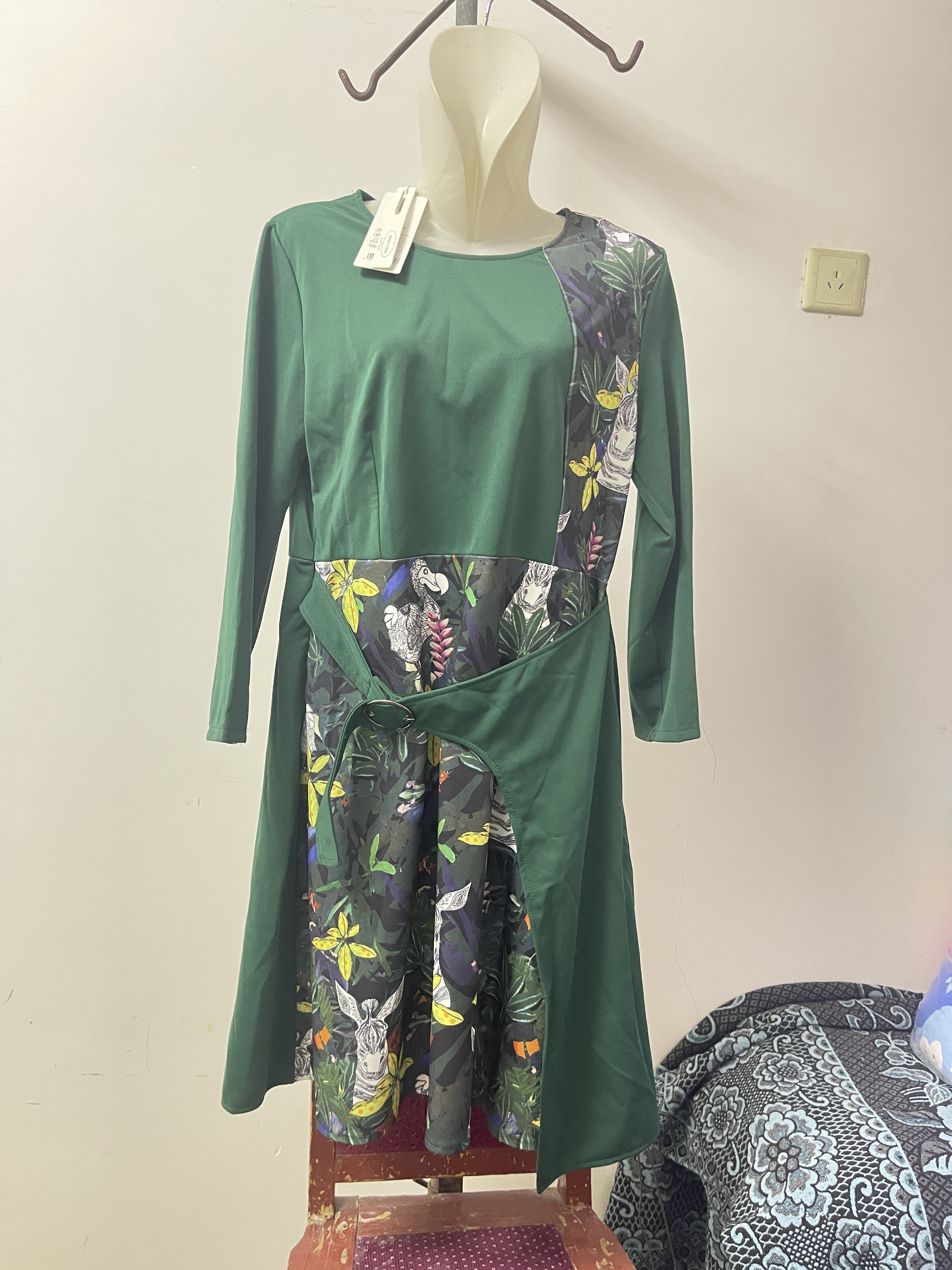 MENG YIREN女士绿色大码花朵图案连衣裙