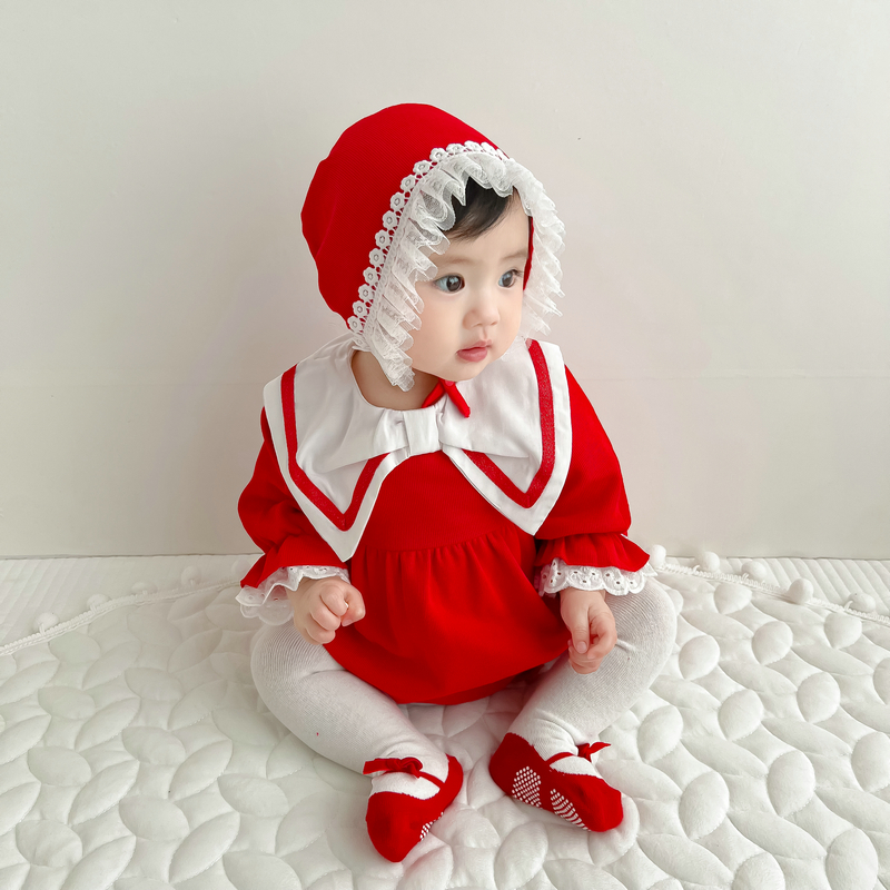女宝宝春秋装衣服婴儿红色满月百日连体衣洋气公主长袖哈衣小童装