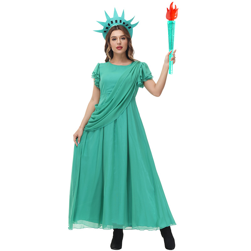 万圣节成人女自由女神像cos服装圣诞狂欢节绿色雪纺派对希腊长裙