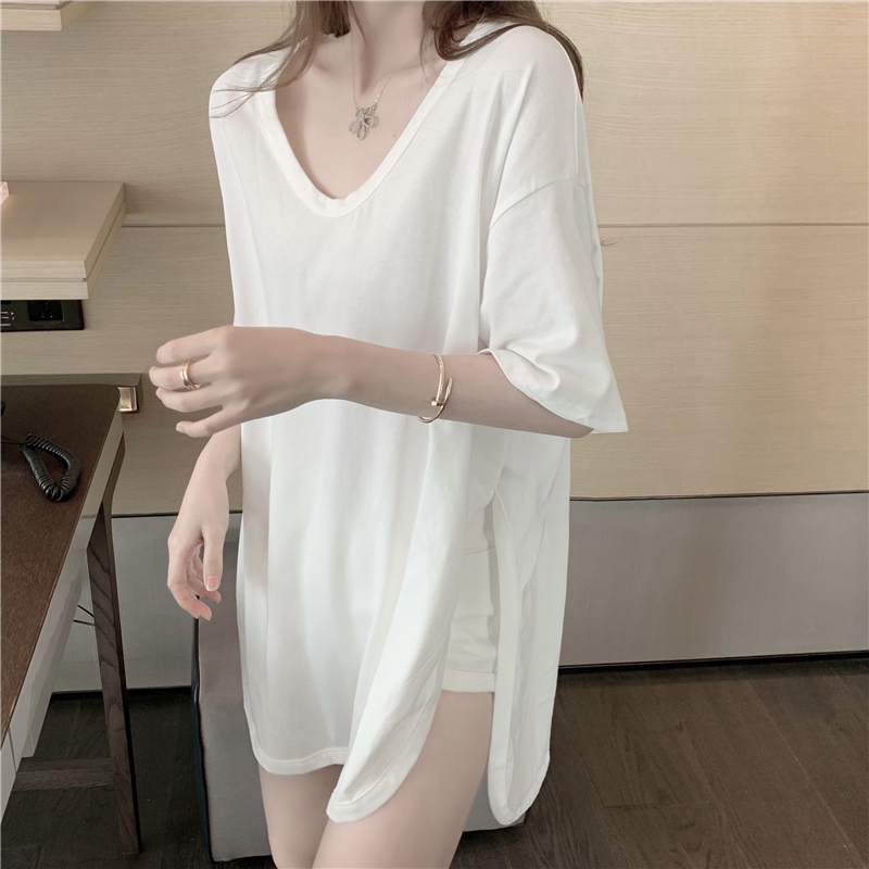 白色短袖t恤女装夏季2024新款韩版大码宽松中长款打底衫开叉上衣
