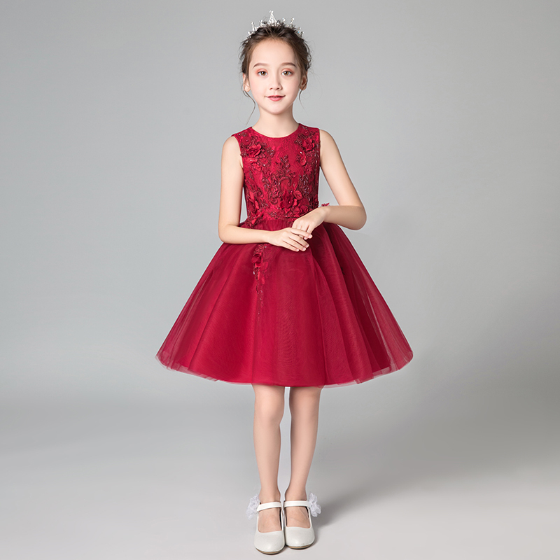 儿童礼服公主裙女童生日高端小花童婚纱主持人钢琴演出服红色夏季