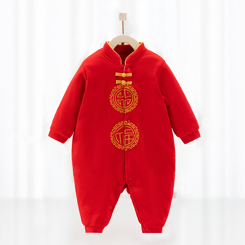 婴儿衣服周岁百天秋冬连体衣红色加厚保暖新年哈衣宝宝冬装拜年服
