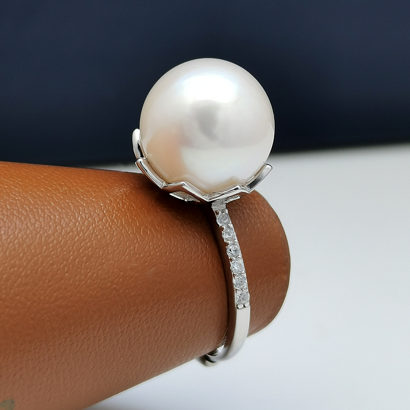 s925南熙白色大颗淡水珍珠戒指女银可调节戒托高级感冷淡风珠宝