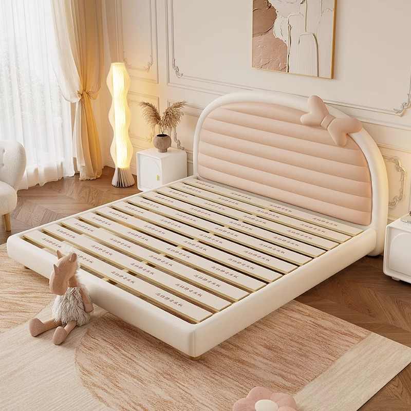 粉色儿童床实木软包布艺床现代简约奶油风女孩卧室轻奢1米8双人床