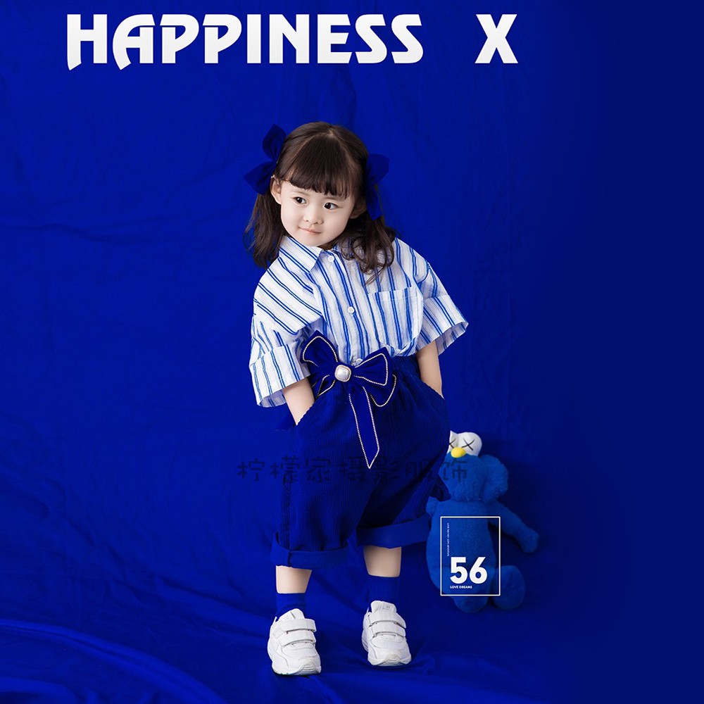 柠檬家儿童摄影服装 洋气条纹蓝色蝴蝶结女宝潮拍艺术写真套装新