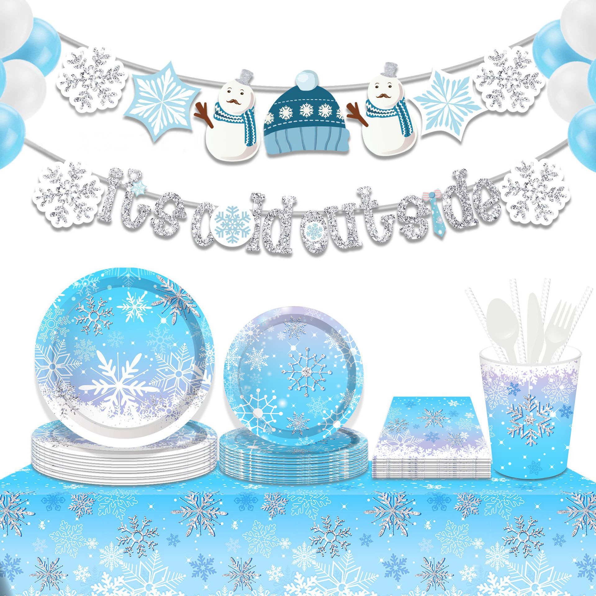 冬季雪花主题餐具圣诞节盘纸杯纸巾桌布男孩宝宝蓝色装饰生日派对