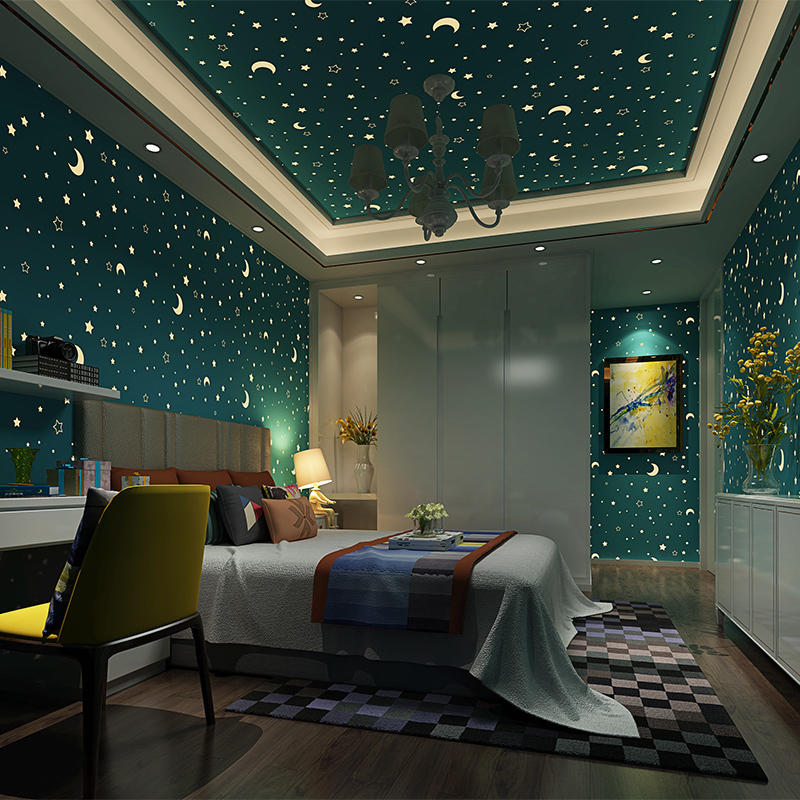 夜光可爱卡通儿童房墙纸3D星星月亮男女孩卧室背景天花板发光壁纸