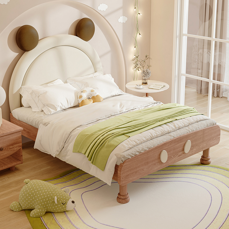 实木儿童床红檀木女孩床1.5米卧室床男童单人软包现代简约米奇床
