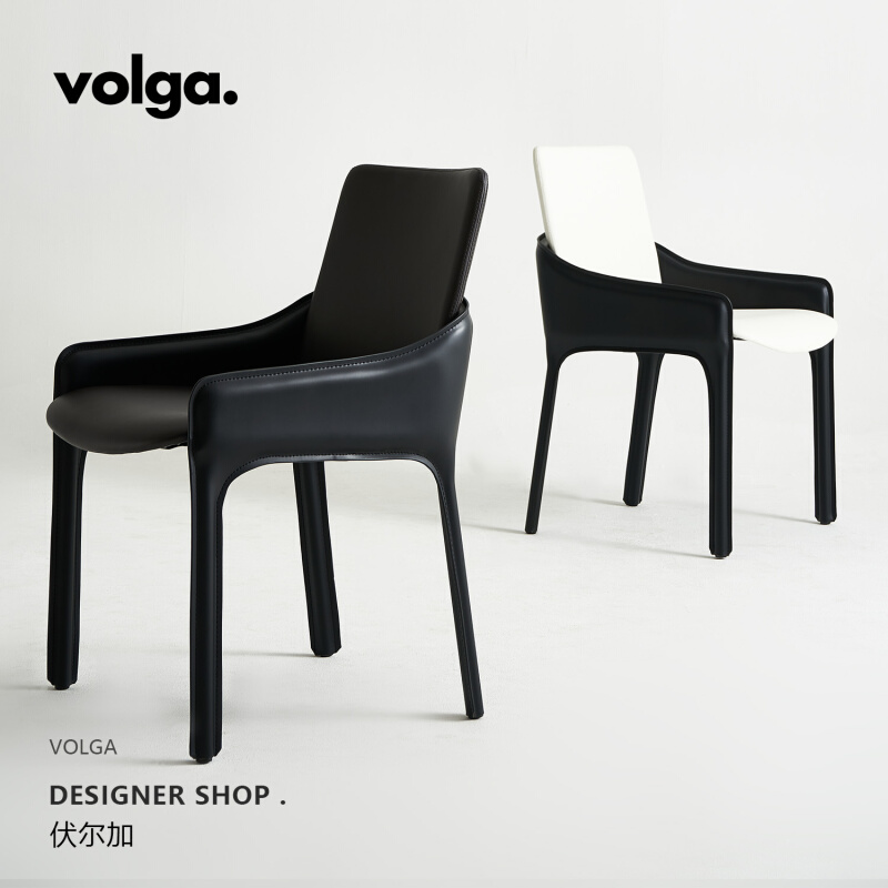 伏尔加丨极意式简歺餐椅高端马鞍椅设计师家用扶手马鞍皮餐厅椅子