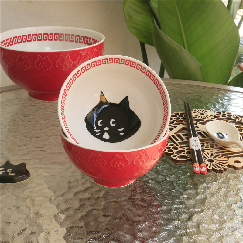 JW日式惊讶猫釉下彩陶瓷碗中国红浮雕猫咪米饭碗家用卡通吃饭小碗