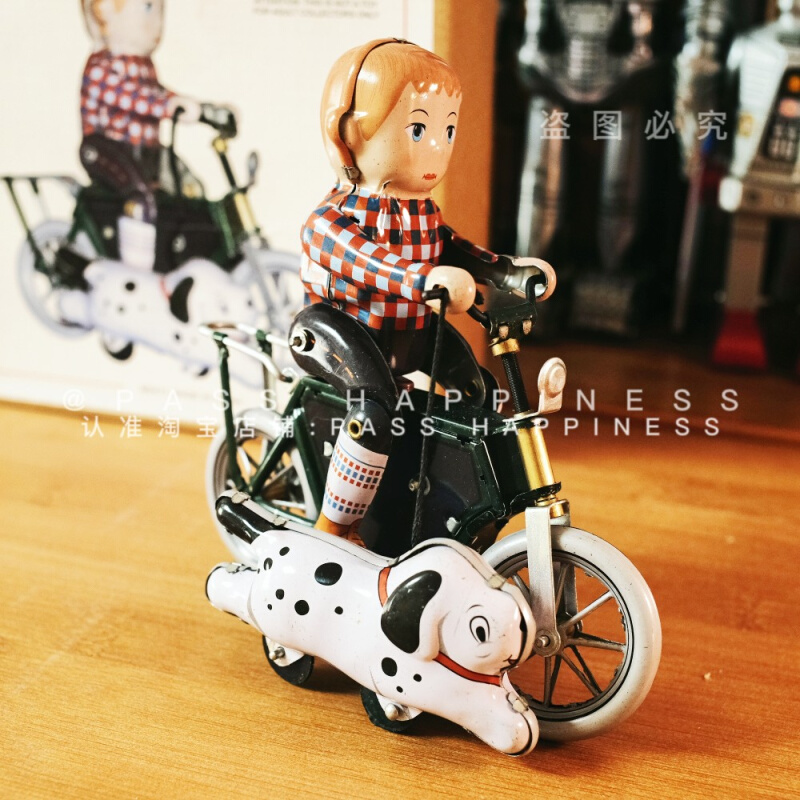 发条铁皮玩具 儿童益智怀旧收藏礼品 自行三轮车遛狗拍摄道具80后