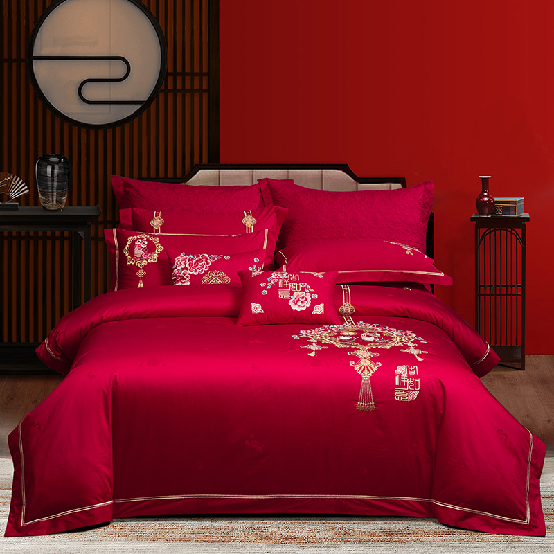 樱花家纺全棉刺绣四件套大红婚庆件套1.8m2.0m中式吉祥床上用品