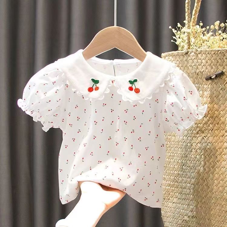 女童短袖T恤夏装新款洋气1-6岁女宝宝娃娃领樱桃婴幼儿纯棉上衣