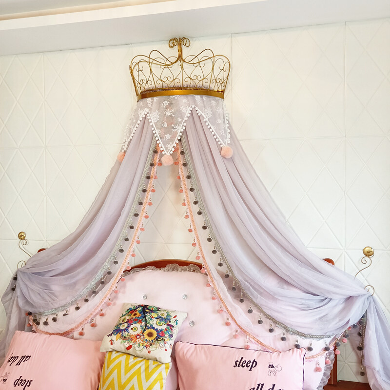 公主床幔北欧儿童房装饰可爱少女心粉马卡龙三角蕾丝纱帘双层通用