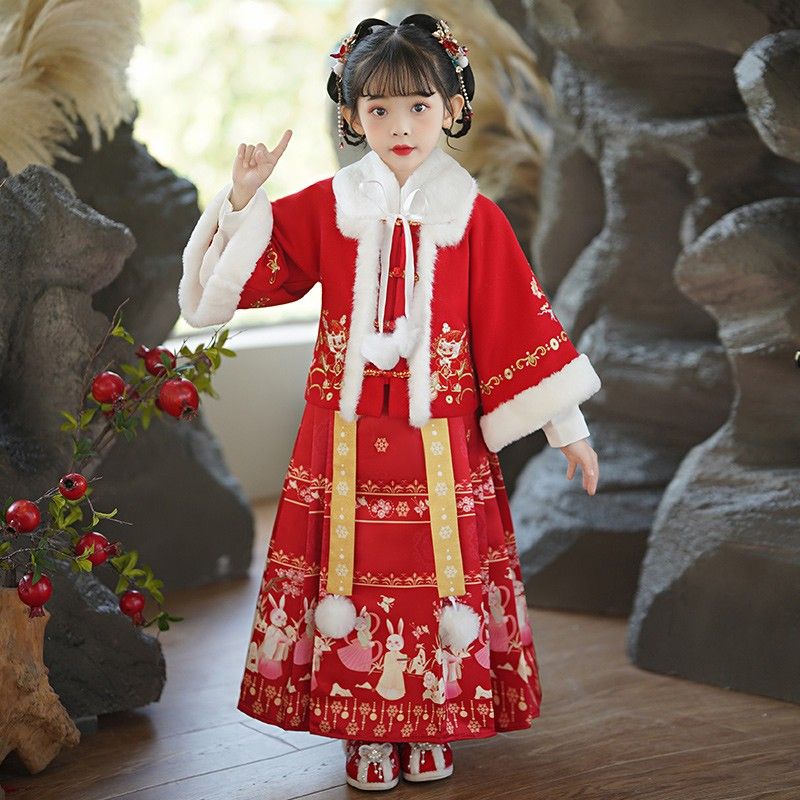 2023新款马面裙女童中国风冬款古装改良唐装儿童汉服女孩秋季套装