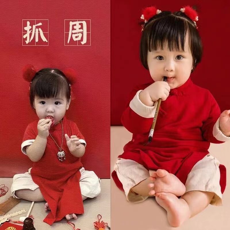 一周岁宴抓周服礼服唐装女宝宝中国风中式汉服婴儿旗袍连体衣一岁