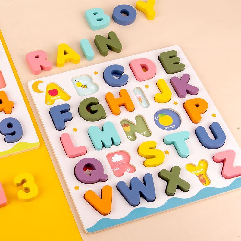 abcd字母玩具早教益智数字母动物手抓板拼板木质儿童宝宝拼图形状