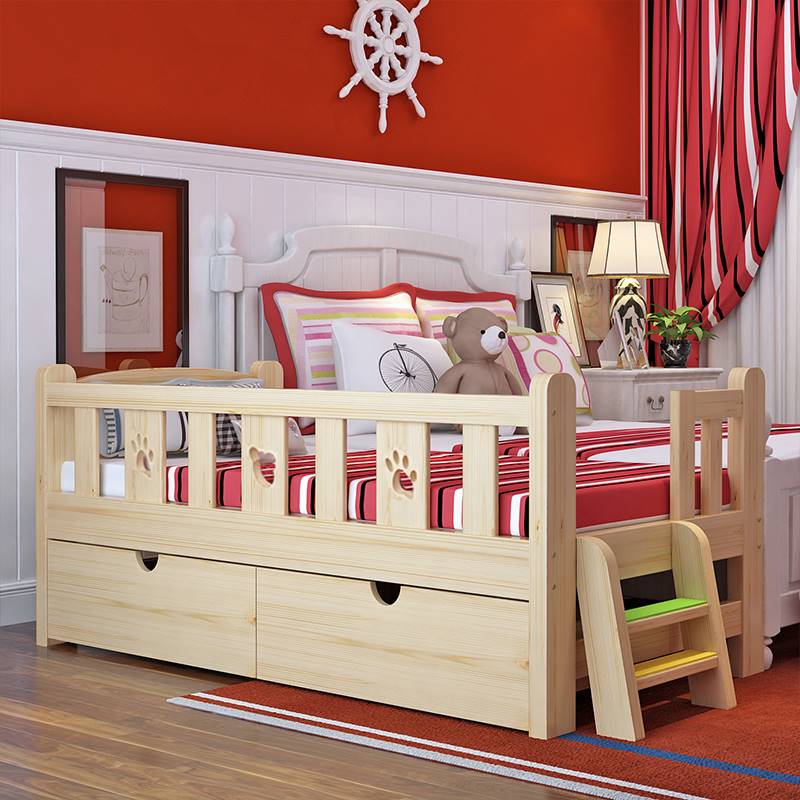 儿童床拼接大床原木带护栏儿童小家具实木床单侧卧室女孩床一米二