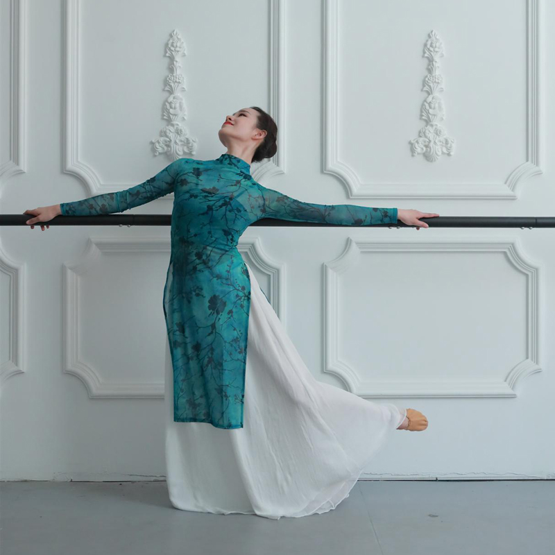 中国风古典舞蹈服女身韵开叉网纱衣现代练功弹力旗袍表演出服套装